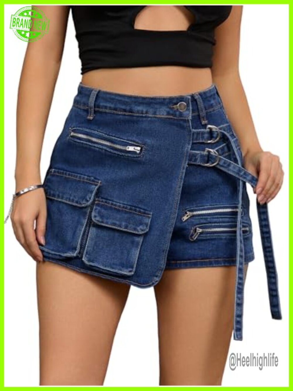 High Waisted Asymmetrical Denim Skort with Cargo Pockets